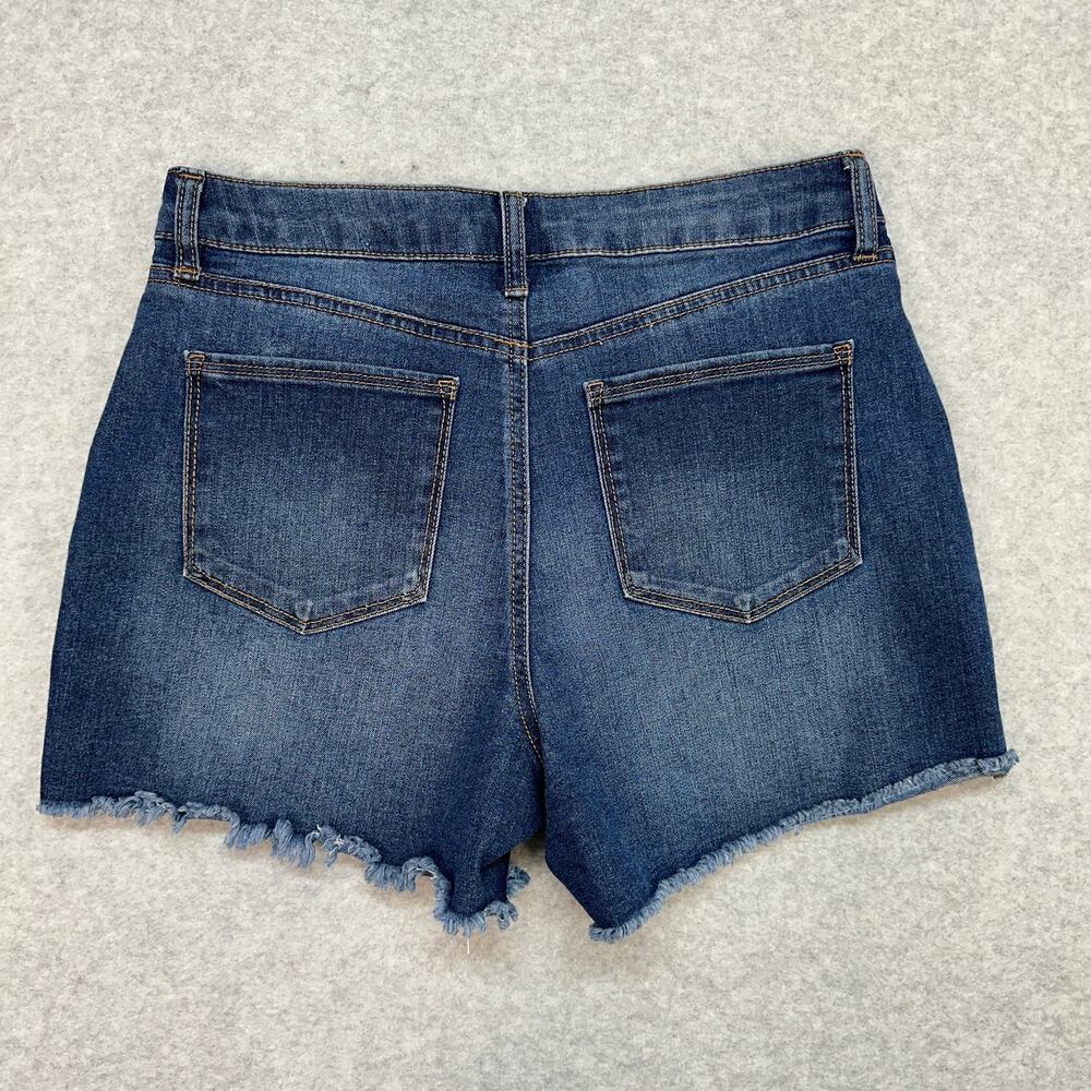Dip Shorts WMNS 8 Medium Wash Denim Mid Rise Cut-Off Frayed Hem Straight Stretch - Picture 3 of 4